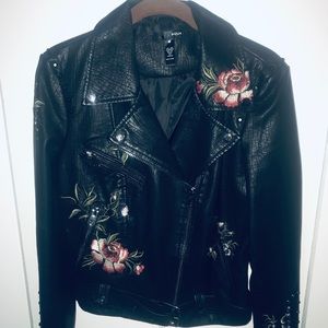 Aqua Faux Leather Jacket with Floral Embroidery